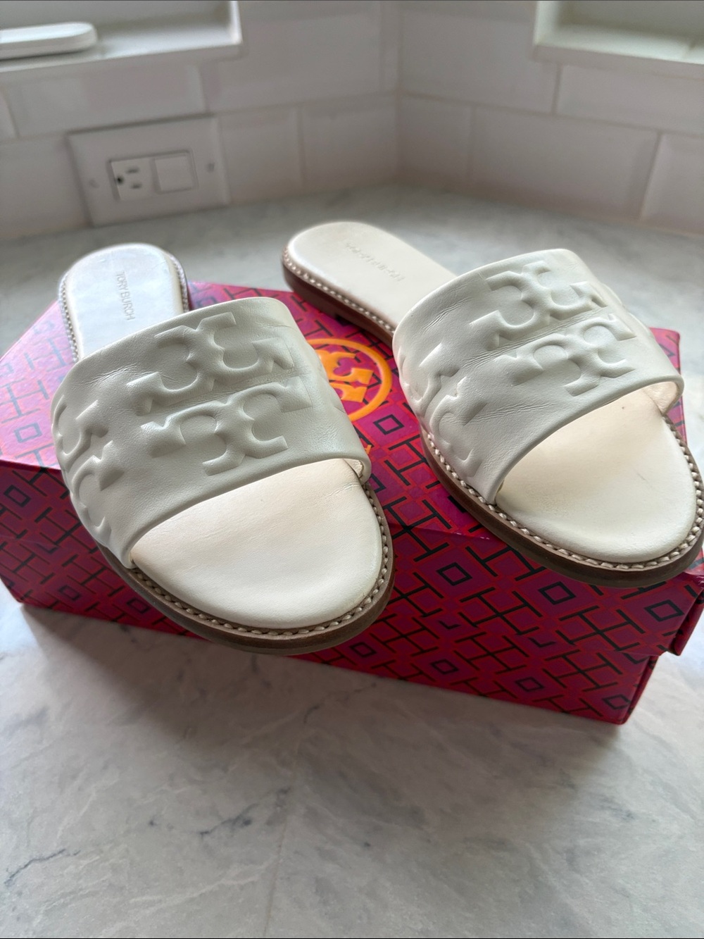 Tory Burch Cream Logo Embossed Slide